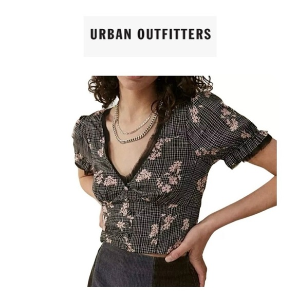 Urban Outfitters Tops - 🆕Urban Outfitters Black and Pink Checkered Floral Blouse S🆕